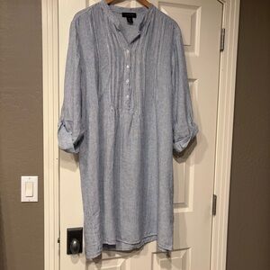 TAHARI Blue White Seersucker Striped Dress Size Large Linen Blend Knee Length